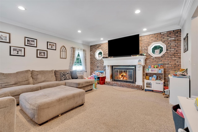5 Fox Rd, Middle Island, NY 11953 - living room with carpet flooring, a fireplace, recessed lighting, ornamental molding, and brick wall