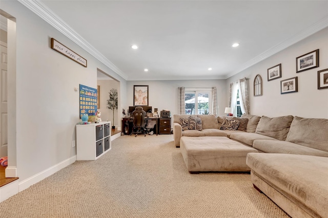 5 Fox Rd, Middle Island, NY 11953 - living area with recessed lighting, an office area, light carpet, and ornamental molding