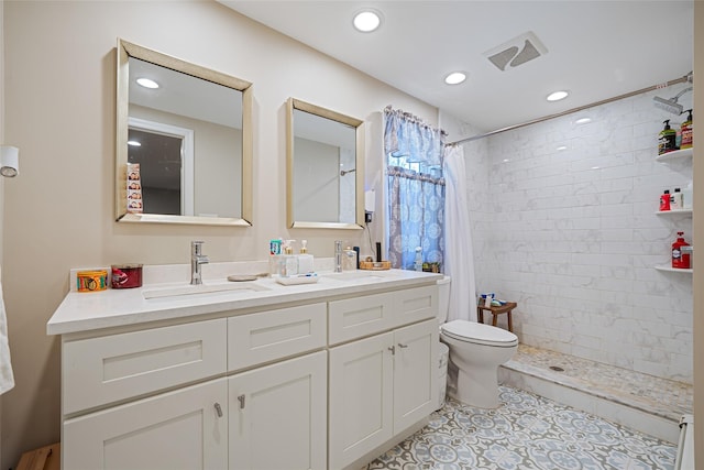 5 Fox Rd, Middle Island, NY 11953 - full bath featuring double vanity, tiled shower, tile patterned floors, and recessed lighting