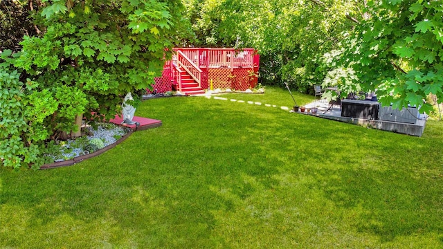 313 Concord Rd, Yonkers, NY 10710 - view of grassy yard with a wooden deck and stairs