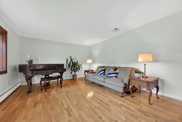 19 Ridgeview Ter, Goshen, NY 10924 - living area featuring a baseboard heating unit, light wood-type flooring, and crown molding