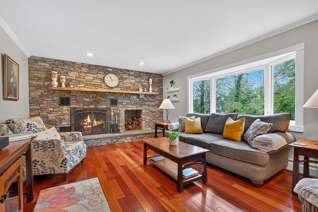 19 Ridgeview Ter, Goshen, NY 10924 - living area featuring crown molding, hardwood / wood-style floors, a fireplace, and recessed lighting