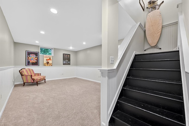 19 Ridgeview Ter, Goshen, NY 10924 - stairs featuring a wainscoted wall, carpet flooring, and recessed lighting