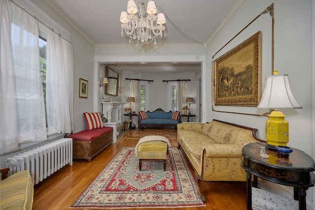 111 S Hamilton St, Poughkeepsie, NY 12601 - living room featuring radiator heating unit, a chandelier, ornamental molding, and wood finished floors