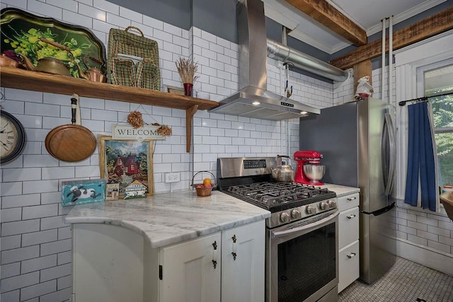111 S Hamilton St, Poughkeepsie, NY 12601 - kitchen with stainless steel gas range oven, open shelves, extractor fan, white cabinets, and decorative backsplash