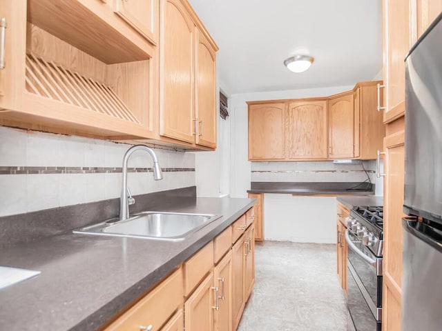 1425 Thieriot Ave Unit 2J, Bronx, NY 10460 - kitchen with appliances with stainless steel finishes, light brown cabinets, decorative backsplash, and dark countertops