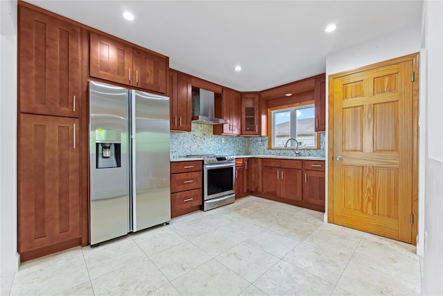 205-06 26th Ave, Bayside, NY 11360 - kitchen featuring appliances with stainless steel finishes, wall chimney exhaust hood, light countertops, tasteful backsplash, and light tile patterned floors