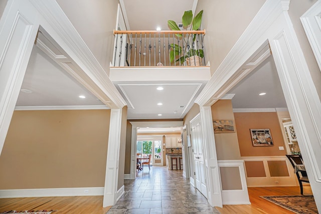 66 Normalee Rd, Staten Island, NY 10305 - foyer featuring ornate columns, ornamental molding, recessed lighting, and a towering ceiling
