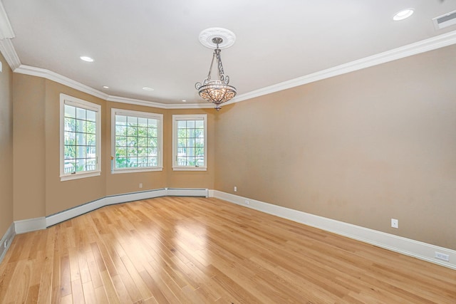 66 Normalee Rd, Staten Island, NY 10305 - unfurnished room with light wood-type flooring, crown molding, recessed lighting, a baseboard radiator, and a chandelier