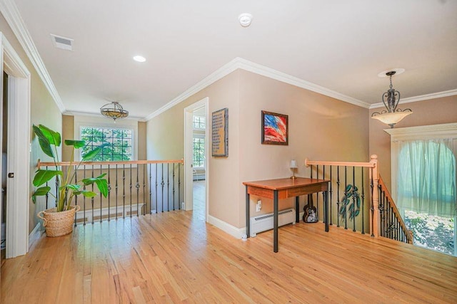 66 Normalee Rd, Staten Island, NY 10305 - hallway with an upstairs landing, baseboard heating, wood finished floors, ornamental molding, and recessed lighting