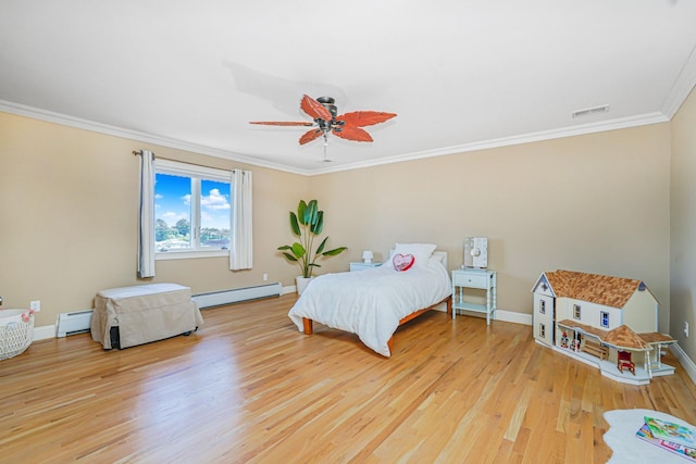 66 Normalee Rd, Staten Island, NY 10305 - bedroom featuring light wood-style floors, a baseboard heating unit, crown molding, and a ceiling fan
