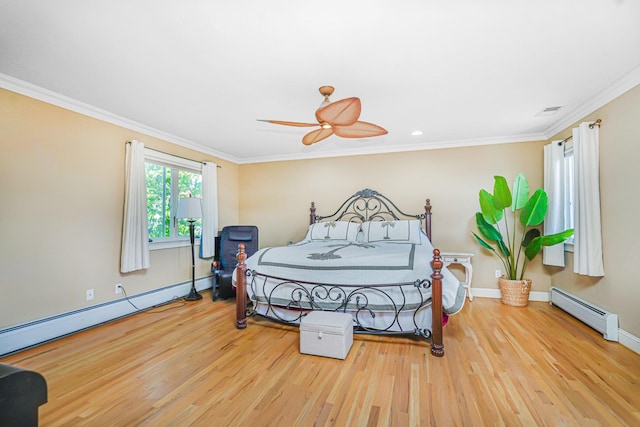 66 Normalee Rd, Staten Island, NY 10305 - bedroom featuring baseboard heating, wood finished floors, ornamental molding, and ceiling fan