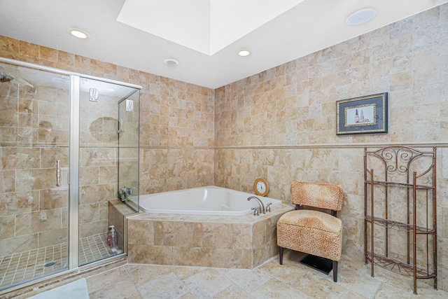 66 Normalee Rd, Staten Island, NY 10305 - full bath featuring tile walls, a garden tub, recessed lighting, a stall shower, and a skylight