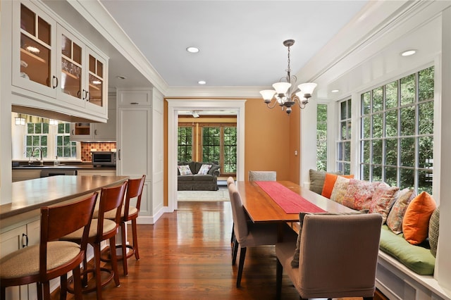 1 Orchard Dr, South Salem, NY 10590 - dining room featuring crown molding, a chandelier, dark wood-type flooring, and recessed lighting