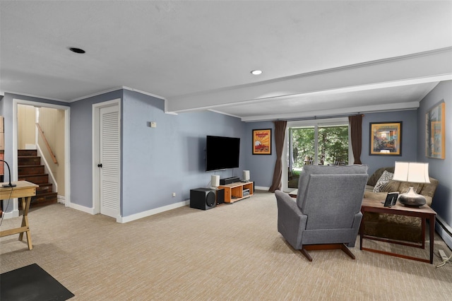 1 Orchard Dr, South Salem, NY 10590 - living room with stairway, carpet flooring, recessed lighting, ornamental molding, and beam ceiling