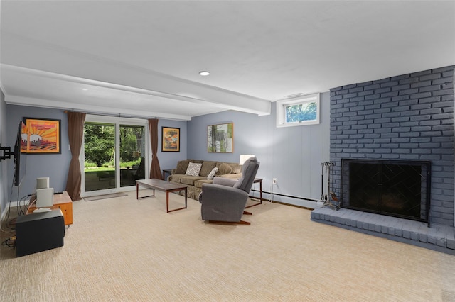 1 Orchard Dr, South Salem, NY 10590 - living area with a baseboard heating unit, beam ceiling, and a brick fireplace