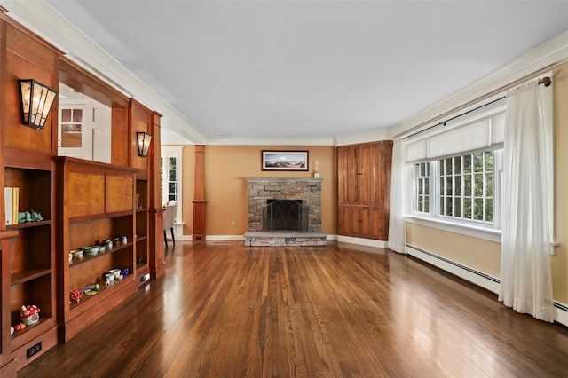 1 Orchard Dr, South Salem, NY 10590 - unfurnished living room featuring dark wood finished floors, a fireplace, baseboard heating, and ornamental molding