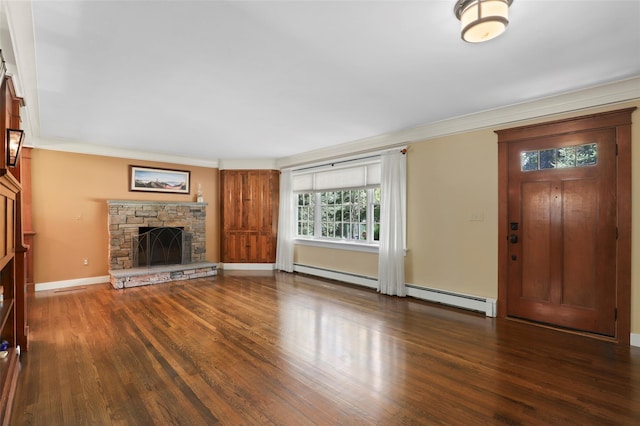 1 Orchard Dr, South Salem, NY 10590 - unfurnished living room with a fireplace, wood finished floors, ornamental molding, and a baseboard radiator