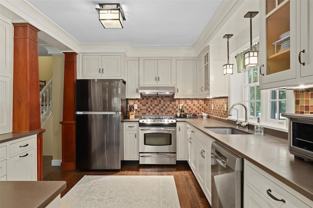 1 Orchard Dr, South Salem, NY 10590 - kitchen featuring stainless steel appliances, under cabinet range hood, tasteful backsplash, dark wood-style flooring, and glass insert cabinets