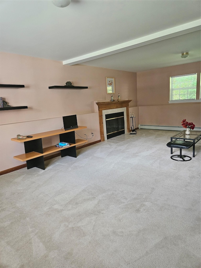 215 Sycamore Dr, New Windsor, NY 12553 - unfurnished living room with carpet floors, a tiled fireplace, and an office area
