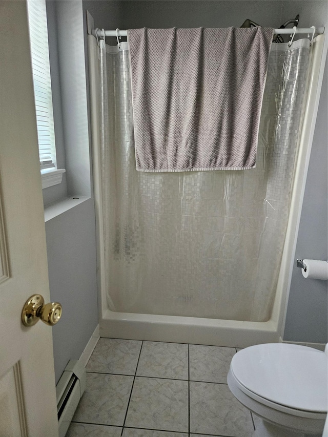215 Sycamore Dr, New Windsor, NY 12553 - bathroom with a shower with shower curtain and baseboard heating