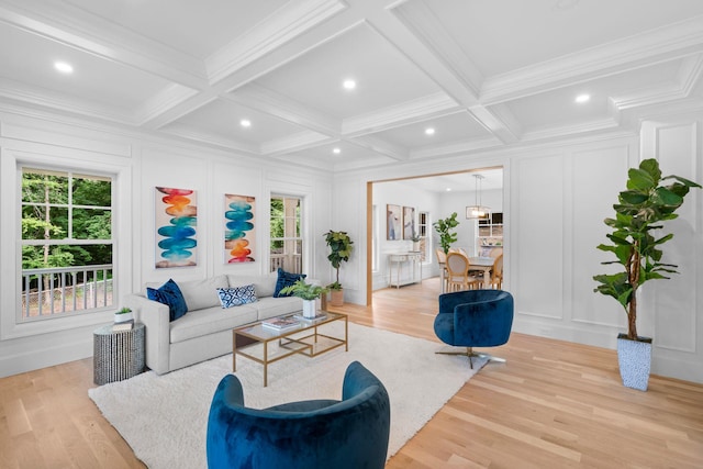 32 Middleville Rd Unit 2, Northport, NY 11768 - living room with a decorative wall, beam ceiling, coffered ceiling, and light wood finished floors