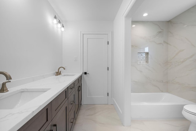 32 Middleville Rd Unit 2, Northport, NY 11768 - bathroom featuring marble finish floors, double vanity, recessed lighting, and shower / bathtub combination