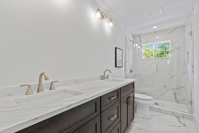 30 Middleville Rd, Northport, NY 11768 - full bathroom featuring marble look tiles, a marble finish shower, and double vanity