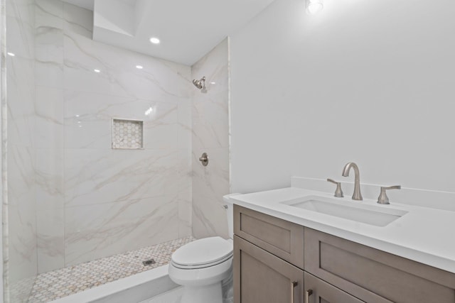 30 Middleville Rd, Northport, NY 11768 - bathroom featuring vanity, a marble finish shower, and recessed lighting