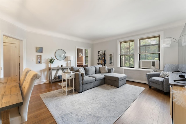26 Pondfield Rd W Unit 2A, Bronxville, NY 10708 - living room with radiator, cooling unit, wood finished floors, and ornamental molding