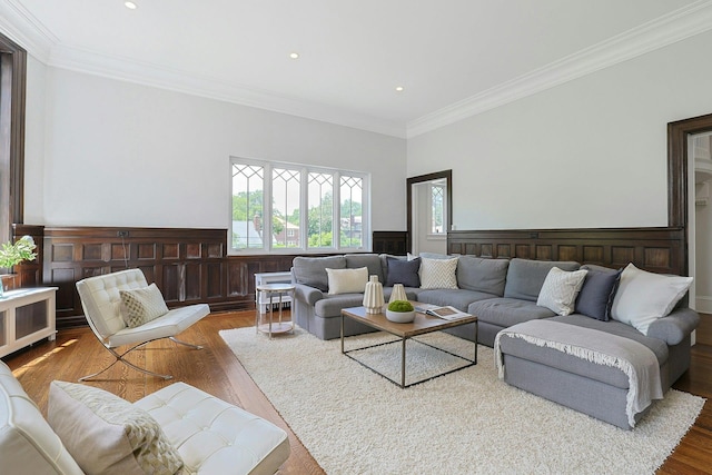15 Calton Ln, New Rochelle, NY 10804 - living area with crown molding, wood finished floors, wainscoting, and recessed lighting