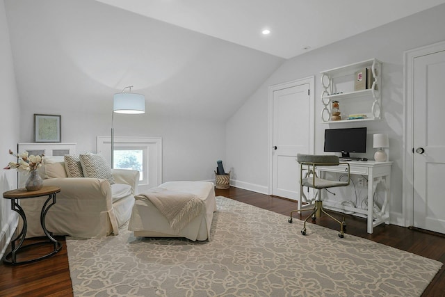 15 Calton Ln, New Rochelle, NY 10804 - bedroom featuring vaulted ceiling, dark wood-style flooring, an office area, and recessed lighting