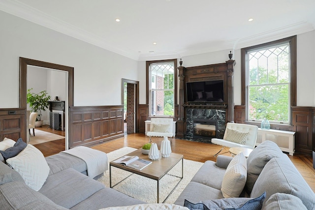 15 Calton Ln, New Rochelle, NY 10804 - living area with light wood-type flooring, crown molding, wainscoting, recessed lighting, and a premium fireplace