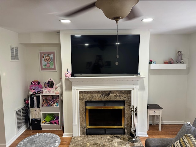 38 Offshore Dr, Mohegan Lake, NY 10547 - detailed view of a premium fireplace, wood finished floors, and recessed lighting