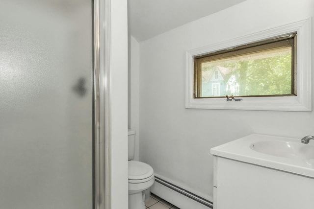 117 Glenwood Rd, Glenwood Landing, NY 11547 - bathroom featuring a baseboard radiator, a shower with shower door, vanity, and tile patterned floors