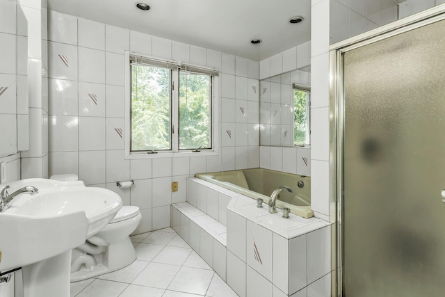 117 Glenwood Rd, Glenwood Landing, NY 11547 - full bath with tile walls, a garden tub, tile patterned flooring, and a stall shower