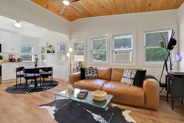 7 Brodie Rd # 17, Hopewell Junction, NY 12533 - living area with vaulted ceiling, cooling unit, ceiling fan, light wood-style floors, and wooden ceiling