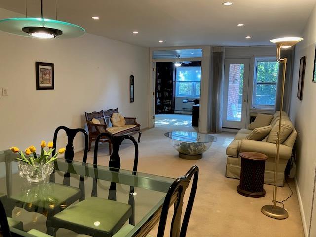 20 Chapel Pl Unit 1H, Great Neck, NY 11021 - dining area featuring carpet floors and recessed lighting