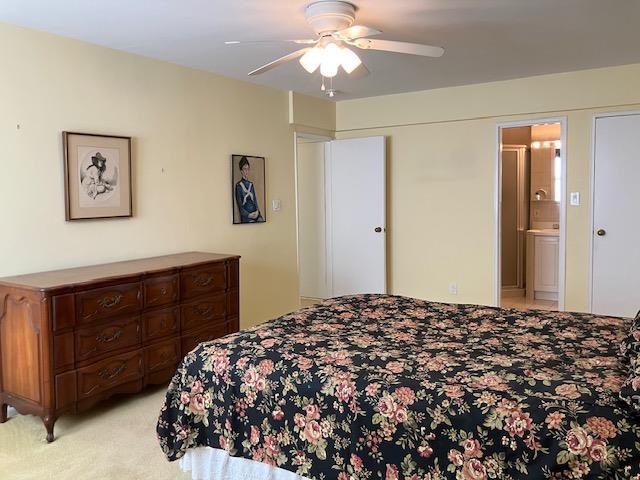 20 Chapel Pl Unit 1H, Great Neck, NY 11021 - bedroom featuring light colored carpet, ensuite bathroom, and ceiling fan