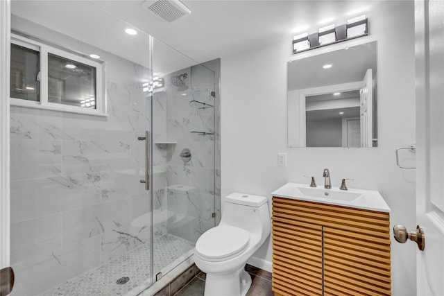 189 Jacob St, Elmont, NY 11003 - bathroom featuring a marble finish shower, vanity, and recessed lighting