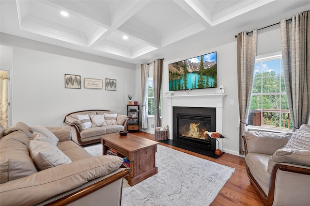 2 Primrose Ln, Chester, NY 10918 - living room with coffered ceiling, a fireplace with flush hearth, ornamental molding, beamed ceiling, and wood finished floors