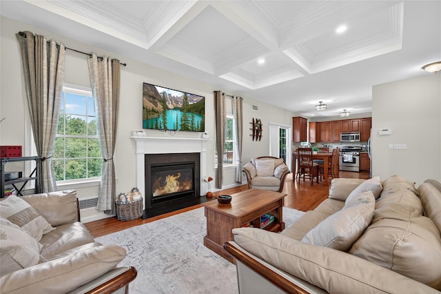 2 Primrose Ln, Chester, NY 10918 - living area featuring light wood-style floors, crown molding, healthy amount of natural light, coffered ceiling, and beam ceiling