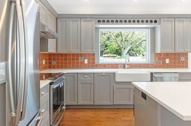 130 Sunset Ln, Greenport, NY 11944 - kitchen with stainless steel appliances, gray cabinetry, and light countertops
