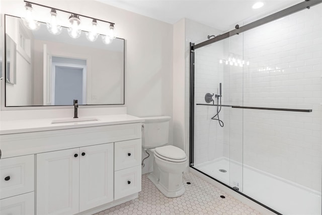 130 Sunset Ln, Greenport, NY 11944 - bathroom featuring a stall shower, vanity, and tile patterned flooring