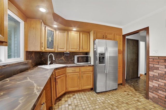 25 Tappan Ter, Briarcliff Manor, NY 10510 - kitchen featuring stainless steel counters, appliances with stainless steel finishes, backsplash, crown molding, and glass insert cabinets