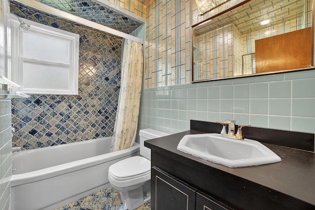25 Tappan Ter, Briarcliff Manor, NY 10510 - bathroom featuring tile walls, vanity, shower / bath combo with shower curtain, and backsplash