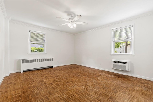 24 Ridge St N Unit 24-A, Rye Brook, NY 10573 - empty room with radiator, healthy amount of natural light, a ceiling fan, an AC wall unit, and ornamental molding