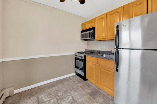 2035 Central Park Ave Unit 3M, Yonkers, NY 10710 - kitchen featuring stainless steel appliances, dark countertops, decorative backsplash, a baseboard heating unit, and ceiling fan