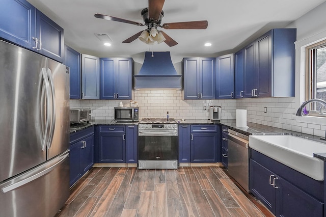 6 Youngs Ln, Setauket, NY 11733 - kitchen with appliances with stainless steel finishes, premium range hood, and blue cabinets