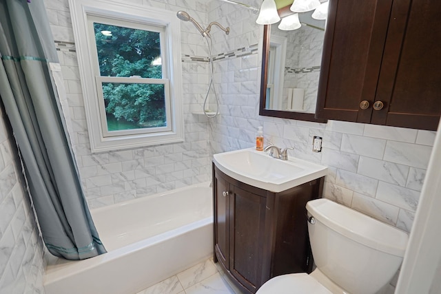 6 Youngs Ln, Setauket, NY 11733 - full bathroom featuring shower / bath combination with curtain, vanity, tile walls, marble look tile flooring, and a chandelier